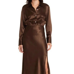 RAILS KATHLEEN LONG SLEEVE SATIN SHIRTDRESS IN MOSS BROWN. SZ:  S